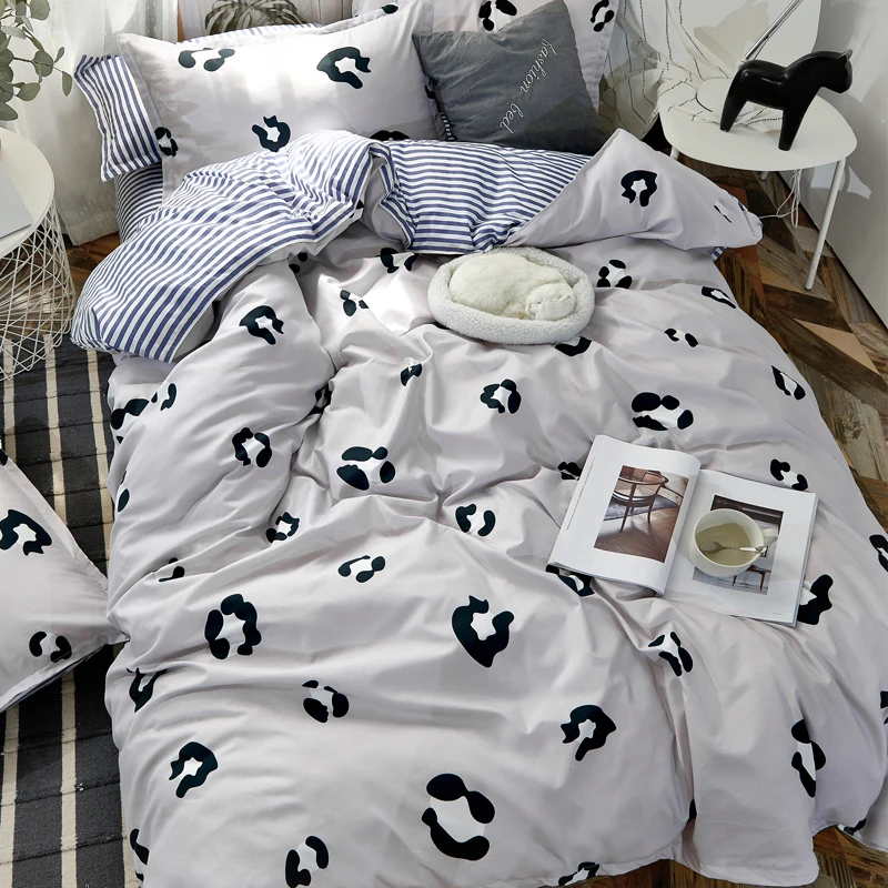 

High quality Home textile Gray leopard Heart Twin Full Queen Size King size Soft bedclothes Duvet Cover Set Bed Sheet Pillowcase