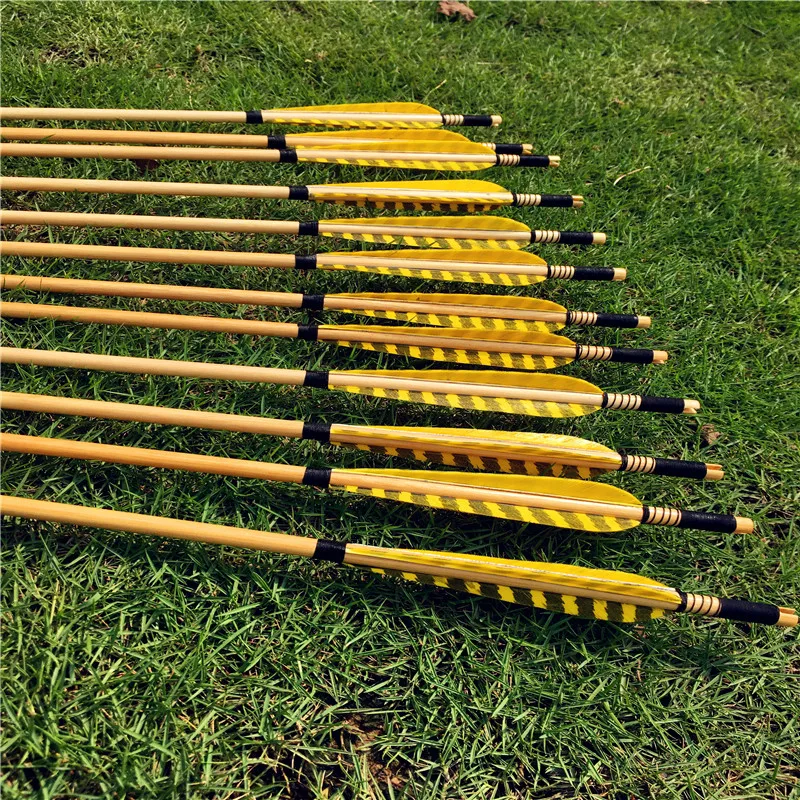 

12Pcs yellow markings Turkey Feather Archery Wood Arrows Recurve Tranditional Bow Hunting
