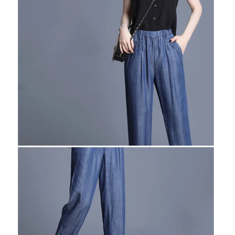 Высокая талия эластичные джинсы для женщин для прямые свободные 2019 новый сезон: весна-лето тонкий шелк льда модные повседневные