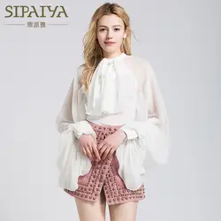 Новый paiya 2018 Лето Couture Тонкий рукавом шифоновая рубашка с бантом блузка Сексуальная Перспектива