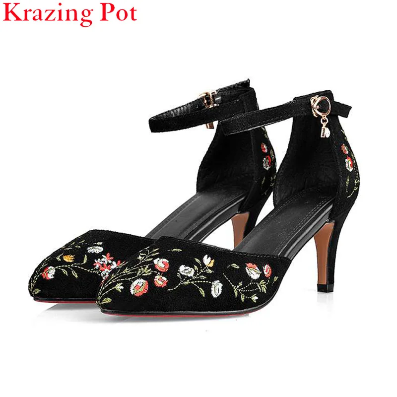

Fashion Large Size Women Pumps High Heels Ankle Strap Pointed Toe Wedding Sandals Flowers Embroidery Bowtie Brand Shoes L99