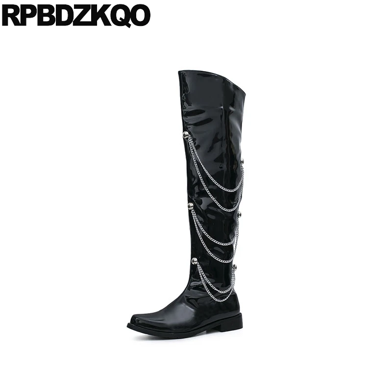 patent thigh high flat boots