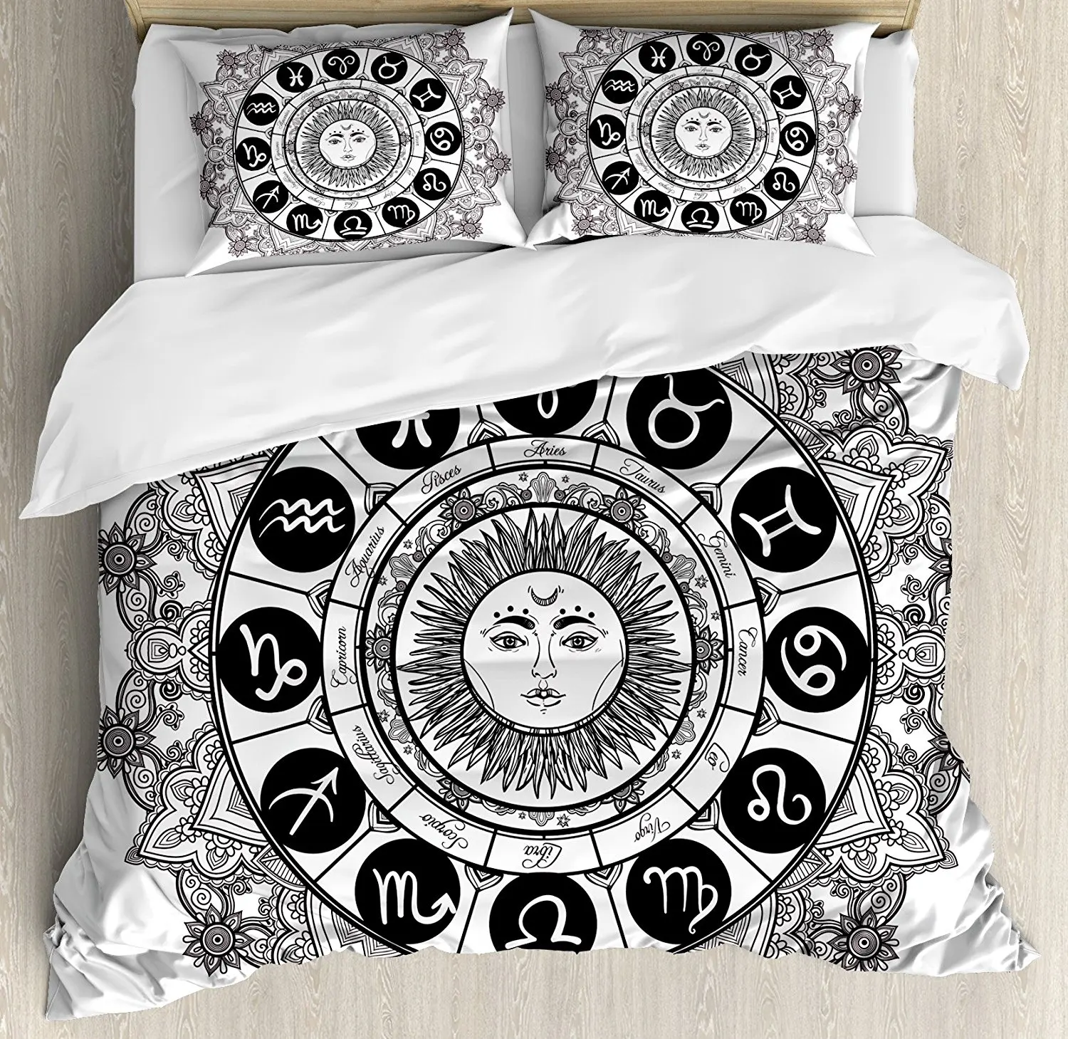 Zodiac Duvet Cover Set Astrology Houses in Asian Mandala Pattern with
