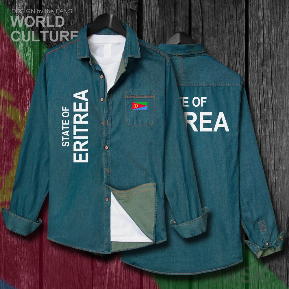 Эритрея ERI ER мужская одежда весна осень хлопок Turn-Down Воротник Джинсовая рубашка с длинным рукавом Ковбойское пальто флаги Модные топы