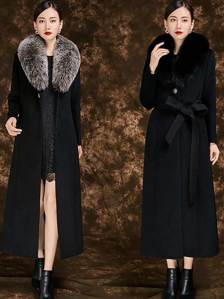 

New Thick Women Winter Slim Warm Cashmere Turn-down Collar Trench Noble Long Wool Coat with 100% Fox Fur Collar belts Sashes