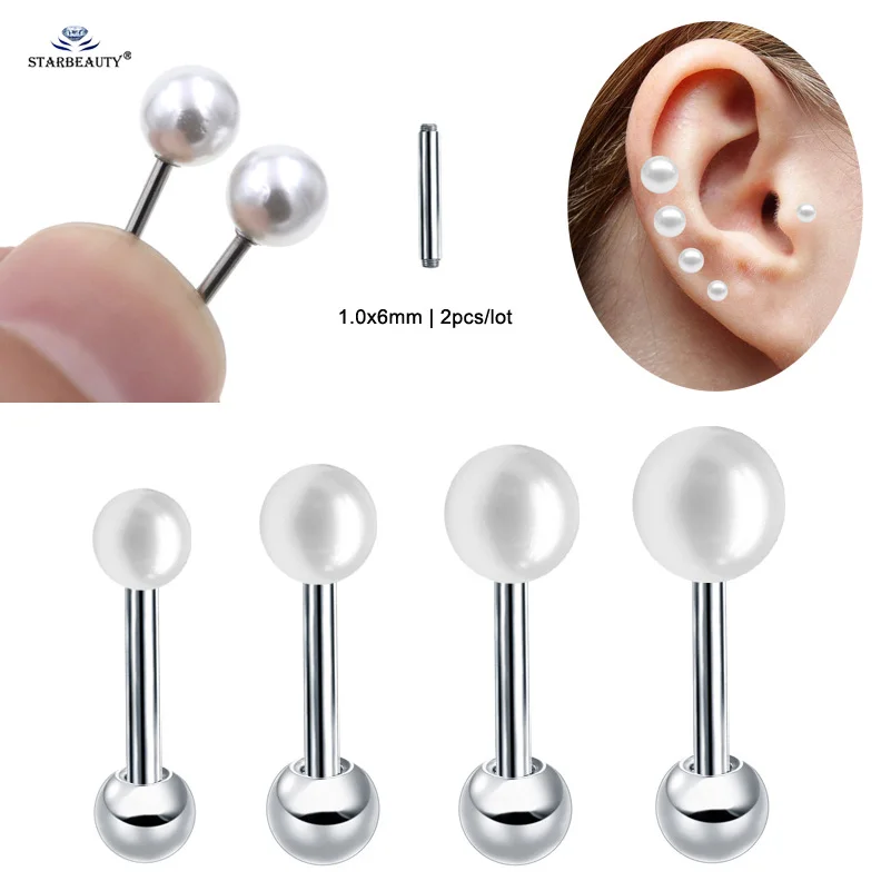

Hot 2pcs Perfect Round Pearl 1.0x6mm Thin Tragus Piercing Oreja Helix Piercing Cartilage Earrings Nose Ring Ear Piercing Pircing