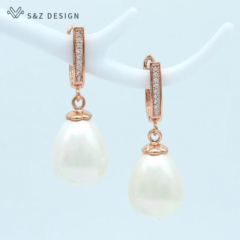 S&Z DESIGN New Imitation Pearls Water Drop Earrings For Women Wedding Party Fashion Cubic Zirconia 585 Rose Gold Color Jewelry