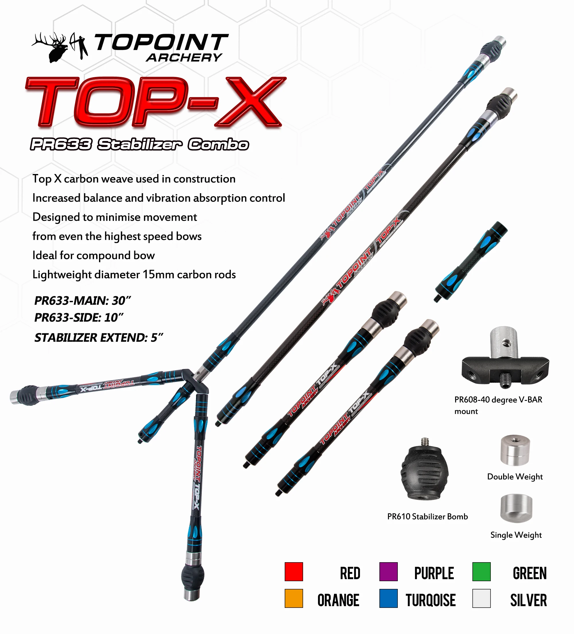 Topoint Archery Bow Stabilizer Combo Main Bar+Side Bar+Extend Bar+V Bar
