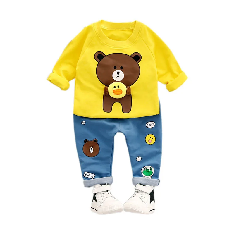 Демисезонный для мальчиков Комплекты одежды с персонажами из мультфильмов для девочек, сезон весна-футболки с изображением медведя джинсы 2 шт./компл. одежда для малышей спортивные костюмы для младенцев