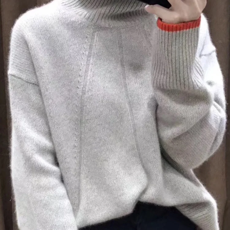 Двойной плотный свободный кашемировый свитер с высоким воротом, Женский Повседневный свитер с длинным рукавом, кашемировый пуловер, свитер