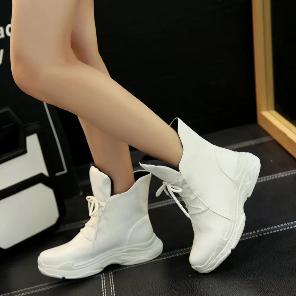 

KEBEIORITY Fashion Thick Sole Boots Women Lace Up Flat White Black Short Snow Boots Female Women Wedge Ankle Boots Plus Size