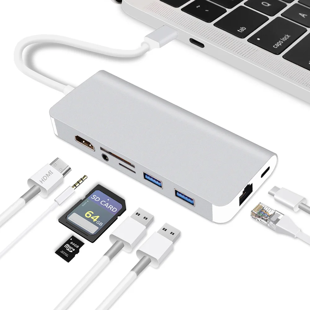 USB C концентратора USB-C к HDMI RJ45 3,5 мм аудио USB 3,0 зарядка PD Порты и разъёмы адаптер для MacBook Air Pro huawei Коврики 20 Тип C концентратора - Цвет: Серебристый