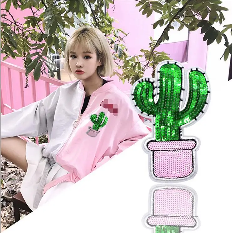 

Cactus Embroidery lace applique paillette fabric sweater clothes patch sequined stickers t-shirt diy decoration