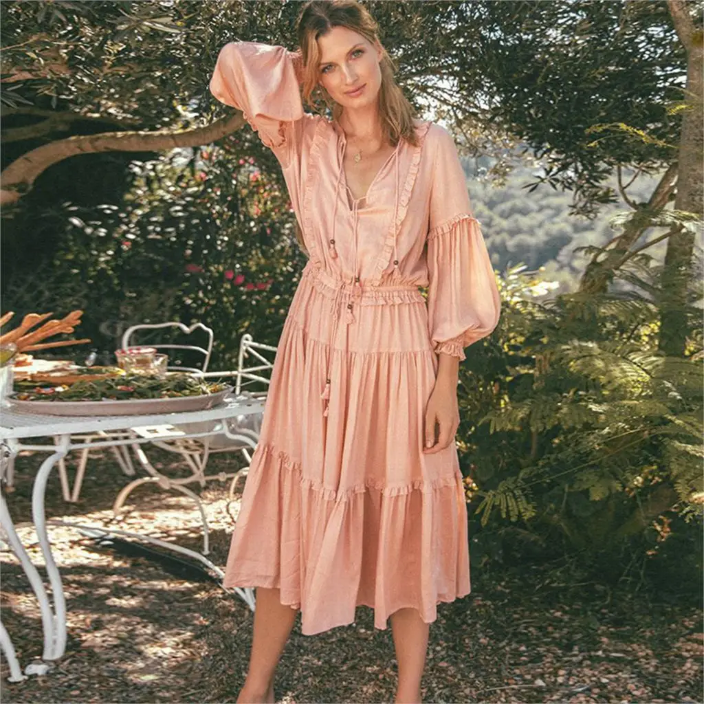 Ruffles Pink Midi Dress Women Long Sleeve V neck Lace Up Vintage Dress Summer Autumn Clothes