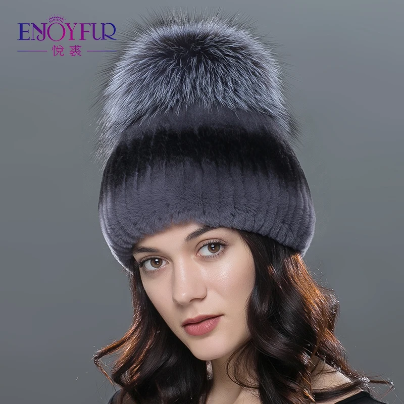 Женская меховая шапка бини ENJOYFUR, теплая шапка из натурального меха кролика или черно-бурой лисы на зиму