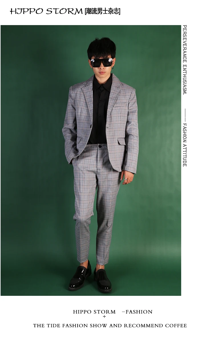 Для мужчин серые клетчатые костюмы из 2 предметов комплекты (куртка + штаны) Мужской Для бизнес на каждый день Slim Fit костюм Блейзер Куртка