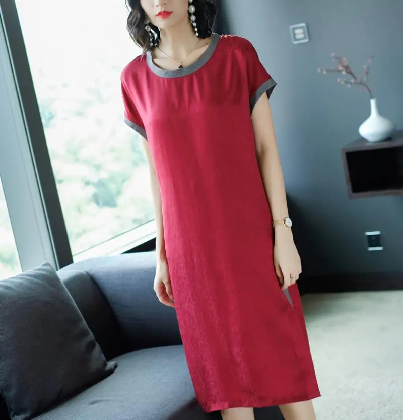 2018 Summer New Style Simple Fashion  Stripes Soft 100% Real Silk Straight Dress Female Casual Loose Short Sleeve Dress