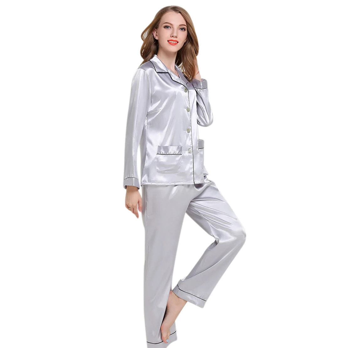 Женская Осенняя Шелковая пижама с длинными рукавами, брюки, комплект с отложным воротником, шелковая Домашняя одежда, эластичное белье с карманом