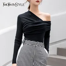 TWOTWINSTYLE – t-shirt à manches longues asymétrique pour femme, haut noir, Slim, Sexy, épaules dénudées, à la mode, automne 2020