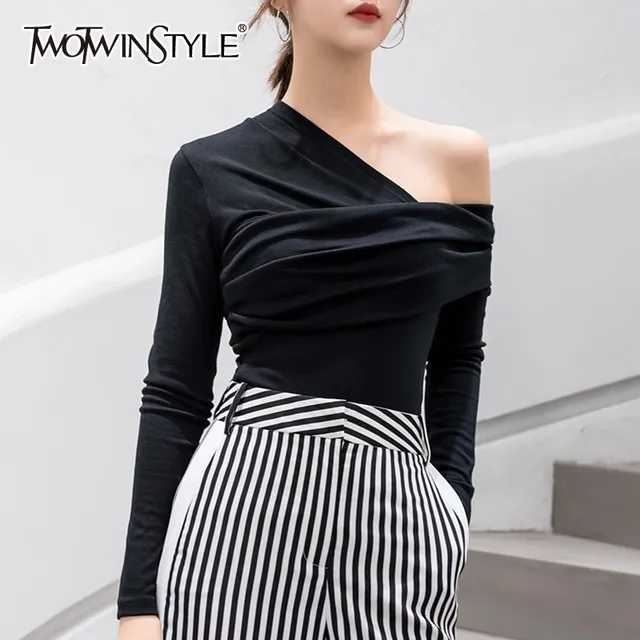 US $14.00 TWOTWINSTYLE Sexy Off Shoulder Asymmetric Women's T-shirts Tops Female Slim Long Sleeve Fashion Bla