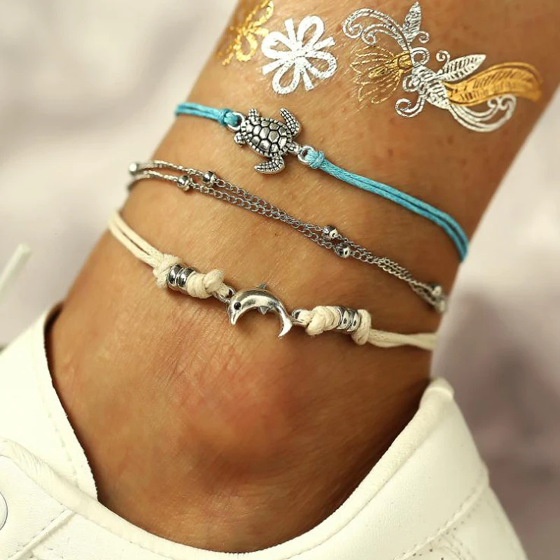 

2019 Fashion Bohemian Turtle Dolphin Beach Anklets For Women Braided Blue Rope Ankle Bracelet Handmade Party Jewelry Gift 1B112