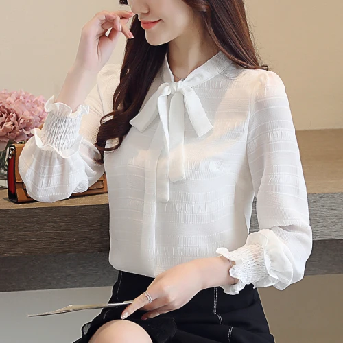 

Spring Korean Version Chiffon Women White Shirt 2019 New Style Autumn Stand Collar Work Wear Female Fashion Slim Bottom Blouses