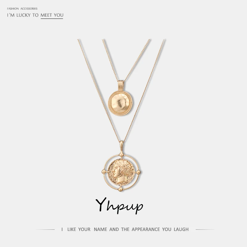 

Yhpup Charms Long Chain Round Collar Baroque Medusa Necklace Pendant Simple Vintage Golden Portrait Trendy Metal Necklace Women