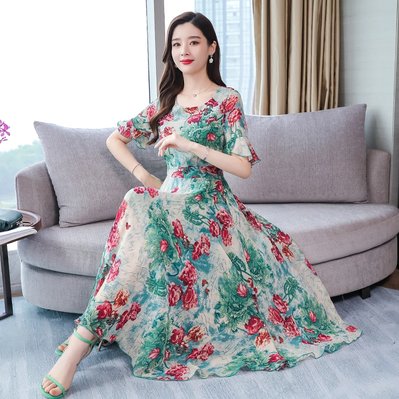 Summer sheath dresses with sleeves green and pink flowers fashions