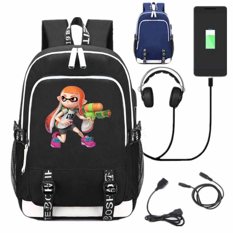 

New Game Splatoon2 School Backpack Bookbag USB Charge Interface Bags Anime Kids Boys Girls Black Shoulder Laptop Travel Bags