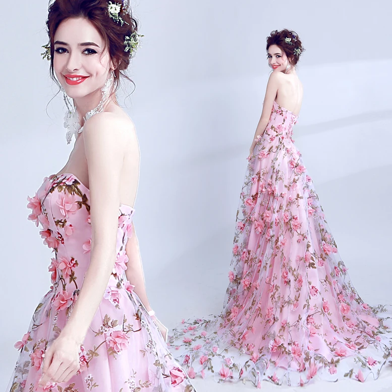 

2019 New Arrival Sweet Stereo Flowers Decorated Pink Sweetheart Floor Length Wedding Gown/Photo Dress 154