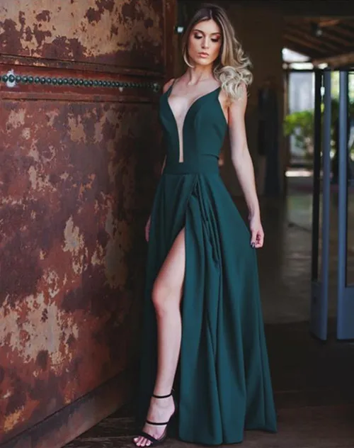 HONGFUYU сексуальные изумрудно-зеленый, на Выпускной платья погружающиеся глубокий v-образный вырез вечерние платья с разрезом атласное А-силуэт строгое длинное вечернее платье - Цвет: Emerald Green