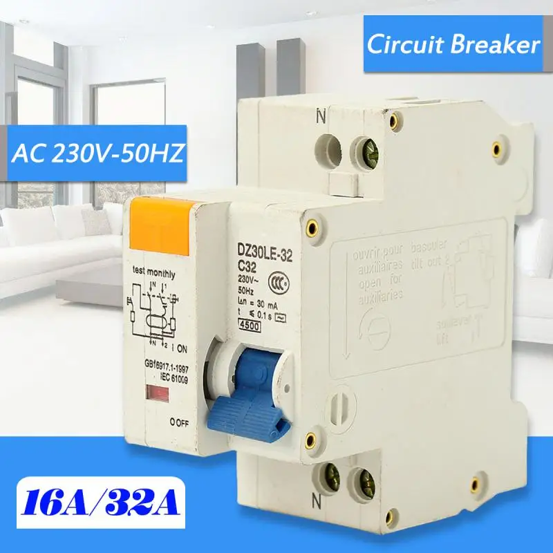 

Miniature Circuit Breaker AC230V 50Hz 2P 32A Rated Current 30mA Leakage Protection Manual Operation Switch