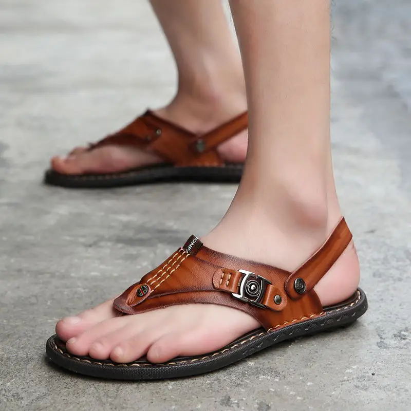 MIUBU/летние сандалии из натуральной кожи; мужские повседневные сандалии; кожаные пляжные шлепанцы; модные мужские вьетнамки; Sandalias