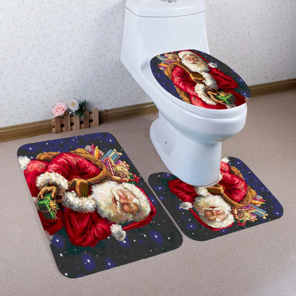 3 шт Рождественская ванная комната Нескользящая стойка для тряпок+ крышка унитаза+ набор ковриков для ванной#25