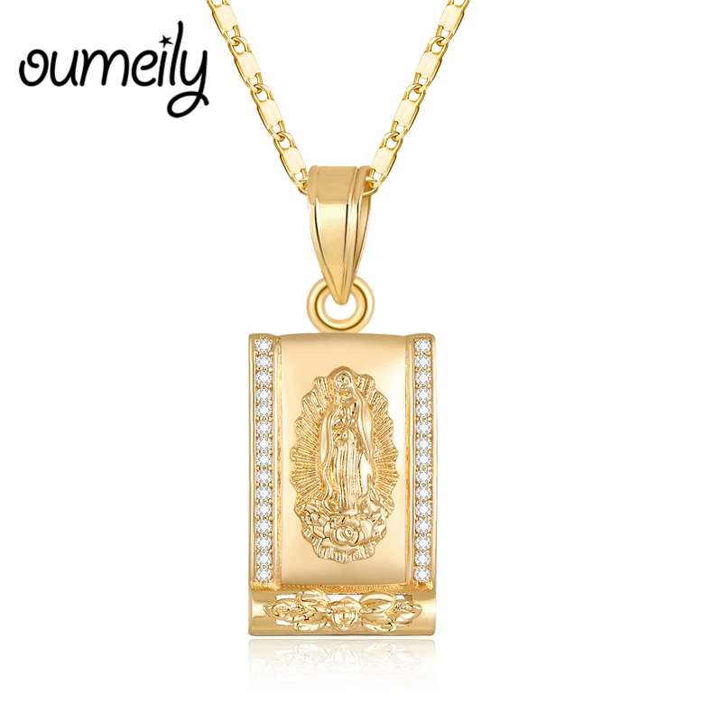 

OUMEILY Virgin Mary Necklace Pendants for Men Jewelry Bead Imitation Crystal Statement Necklaces Gold Color Chain Long Necklace