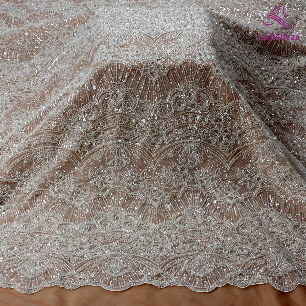 La Belleza новая тяжелая бисерная кружевная ткань белое красивое свадебное платье кружевная ткань 1 ярд