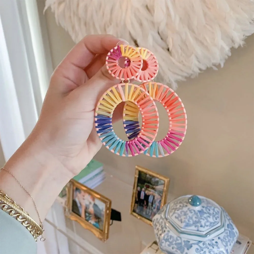 

FASHIONSNOOPS New BA Bohemian Raffia Handmade Drop Earrings for Women Multi Color Wedding Dangle Earrings
