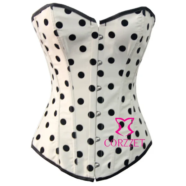 

LaceUp Back Busk Front Closure White Satin Black Polka Dot Corset&Bustier Women Corsets Overbust Corselet corpetes e espartilhos