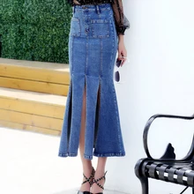 Европейский Стиль Мода Высокая эластичность плиссированные джинсовые юбки женские юбки длинные джинсовые юбки высокая Талия Русалка синие юбки