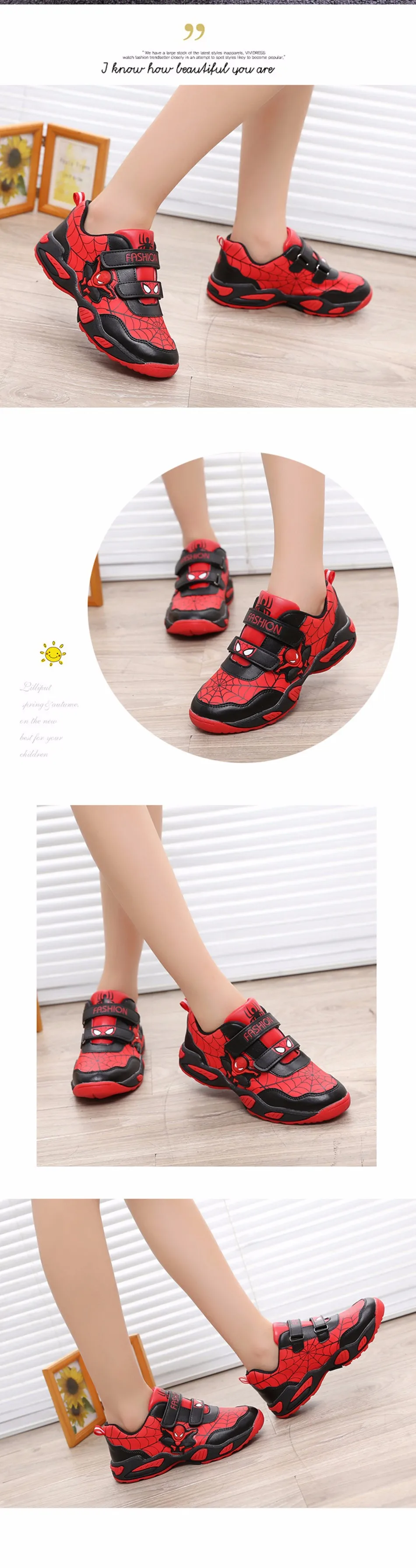 Весенне-осенние повседневные кроссовки для мальчиков и девочек, обувь для бега, детская обувь из искусственной кожи с героями мультфильмов,, «Человек-паук»