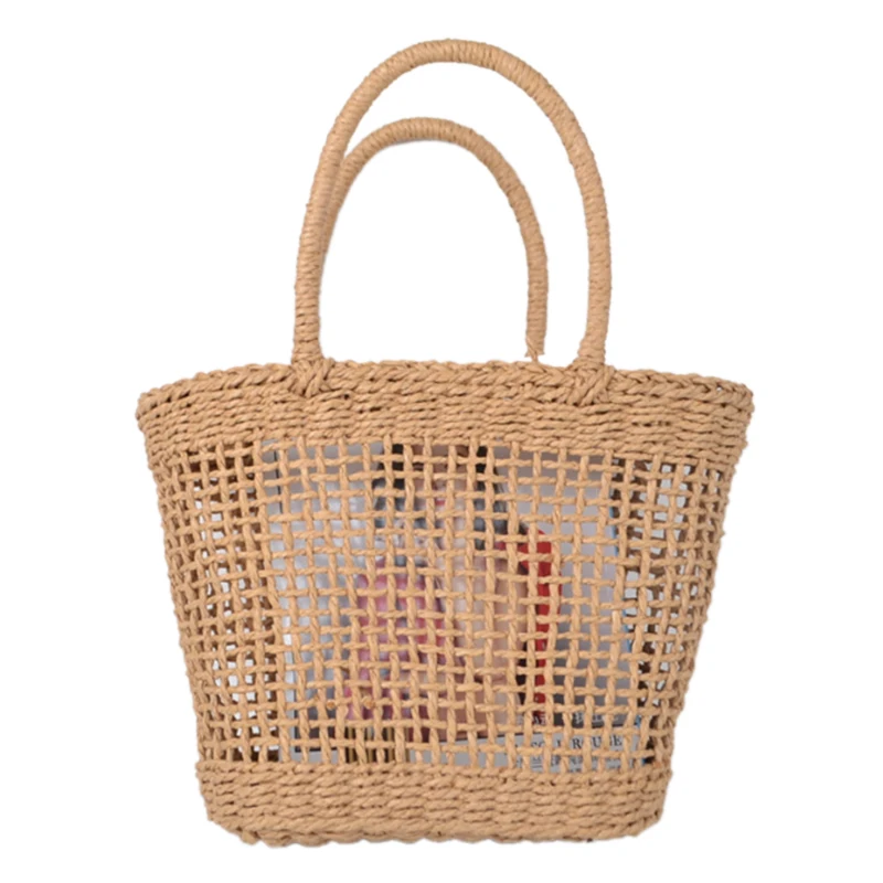 37x25CM Simple And Generous No Decorative Plain Color Net Hollow Textured Woven Bag Popular Straw Bag Handbags(brown)