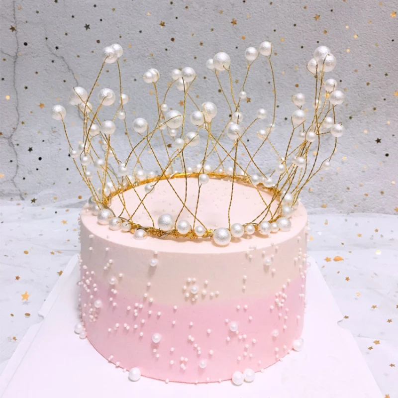 Металлический жемчуг Принцесса Корона торт Топпер Блестящий искусственный жемчуг головной убор свадьба и помолвка торт Decora день рождения Топпер ручной работы