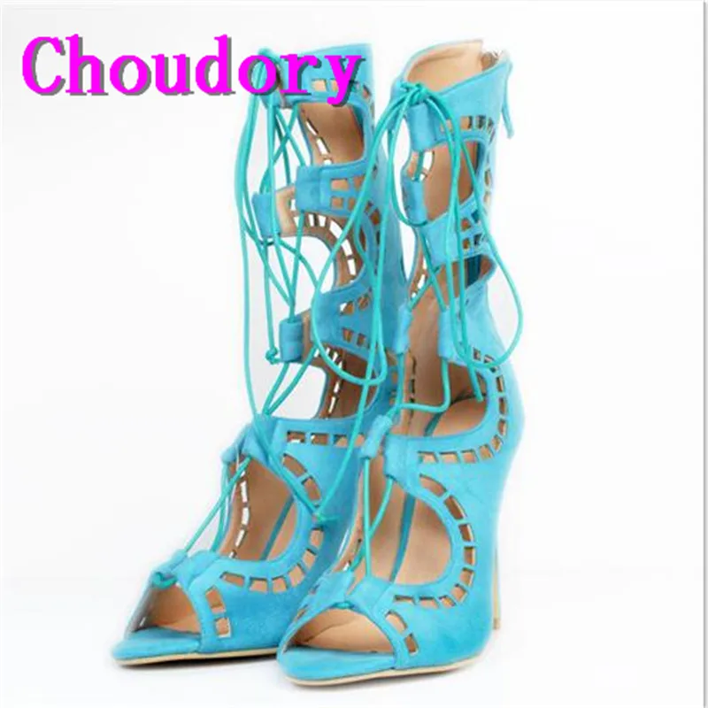 Choudory Zipper Thin Heels Women Super High Heel Sandals Peep Toe Croee-tied Mid-Calf Sexy Black Fashion Gladiator Shoes Women