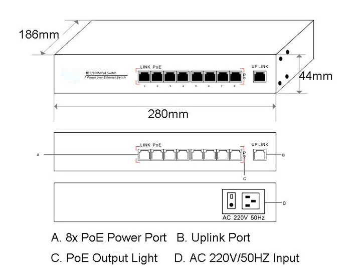 9 Порты 8 PoE инжектор Мощность Over Ethernet переключатель 1,2+/3,6-IEEE802.3at 25,5 W 100 м