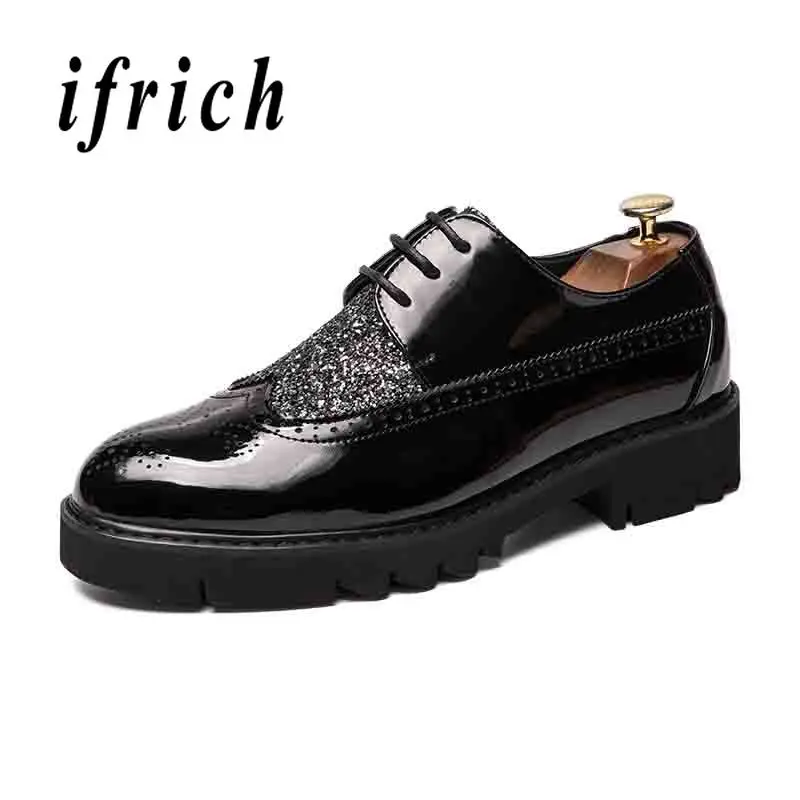

British Style Brogue Shoes Male Silver Black Thick Sole Shoes Men Comfortable Social Men Shoes Height Increase Business Footwear