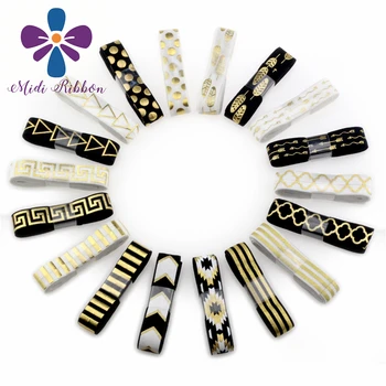 

18 yards/lot 1 yard each,5/8" gold geometry dot stripe print fold over elastic foe ribbon set,diy headwear band,White Black
