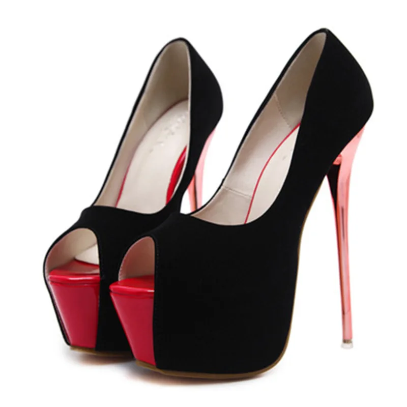 New Flock Women Pumps Sexy Platform Pumps 16Cm High Heels 16CM Stiletto Red Bottom Peep Toe Female Party Shoes sapato feminino