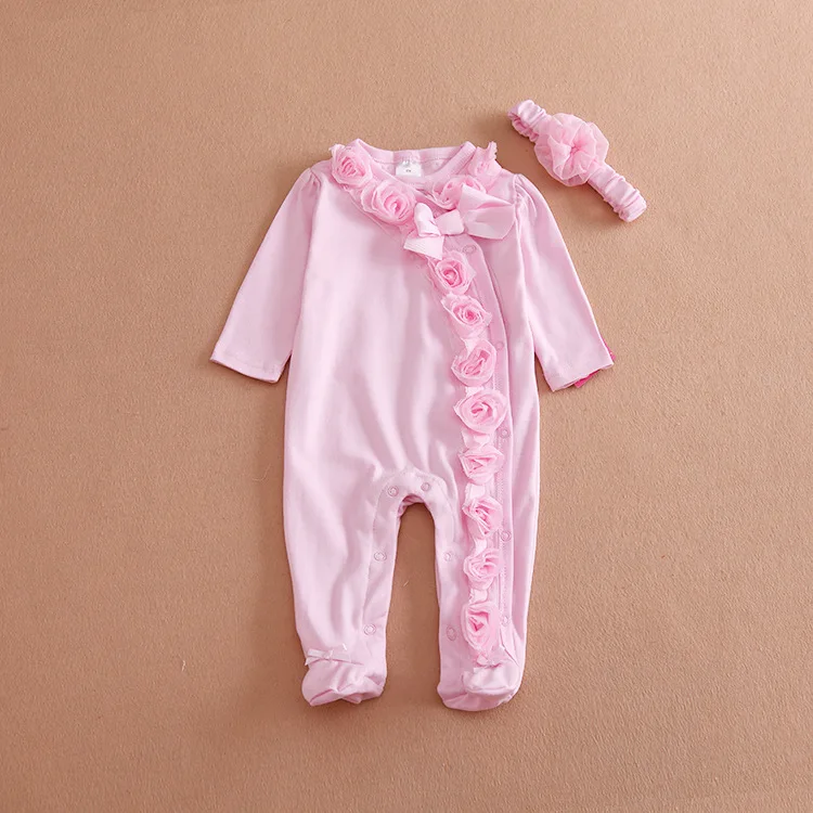 

Infant Baby Girls clothes Pink Flowers baby clothing set warm long sleeve rompers headband Toddler sleep and play Fleece pajamas