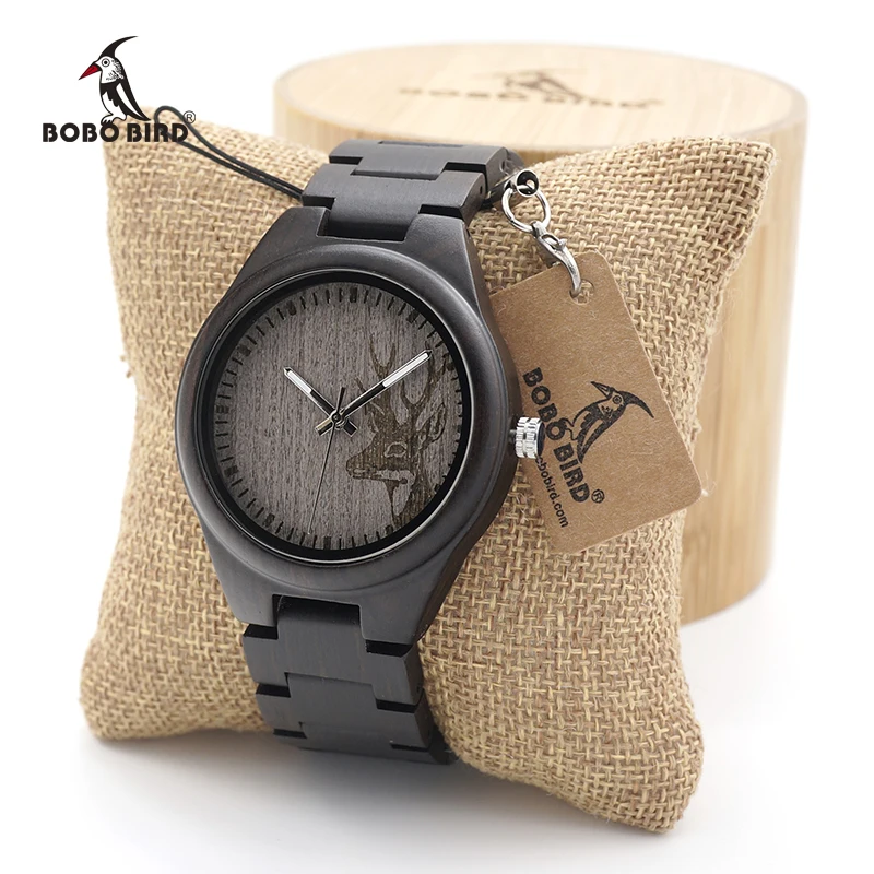 BOBO BIRD Mens Black Ebony Wooden Watch Deer Head Dial Top Brand Luxury Quartz Wrist Watch for Men in Gift Box