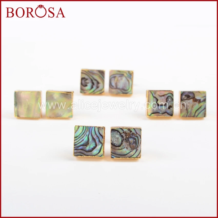 

BOROSA High Quality 1pair Gold Color Square Abalone Shell Earrings Stud Earrings Druzy Jewelry Free Shipping G0888